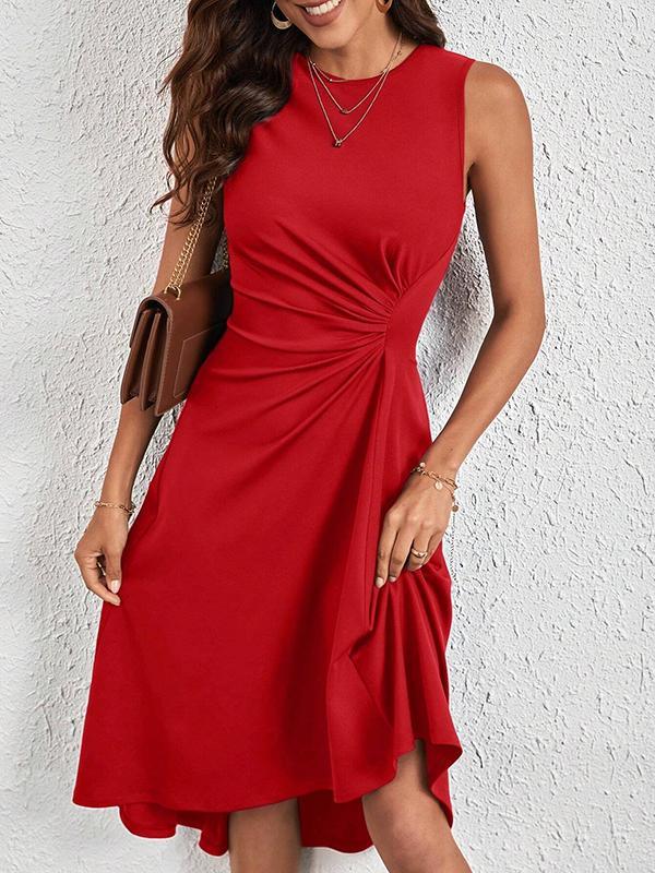 A-Line High Waisted Asymmetric Pleated Solid Color Split-Joint Round-Neck Midi Dresses Product Image