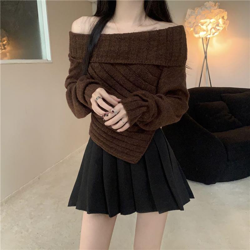 Off Shoulder Plain Asymmetrical Ribbed Sweater Product Image