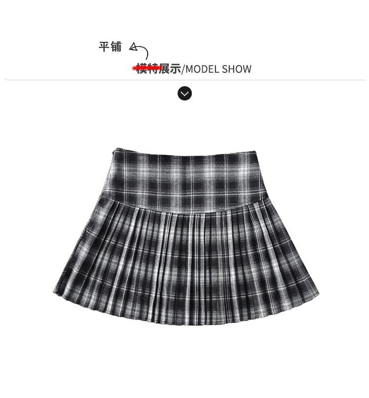 Plaid High-Rise Pleated A-Line Skirt Product Image