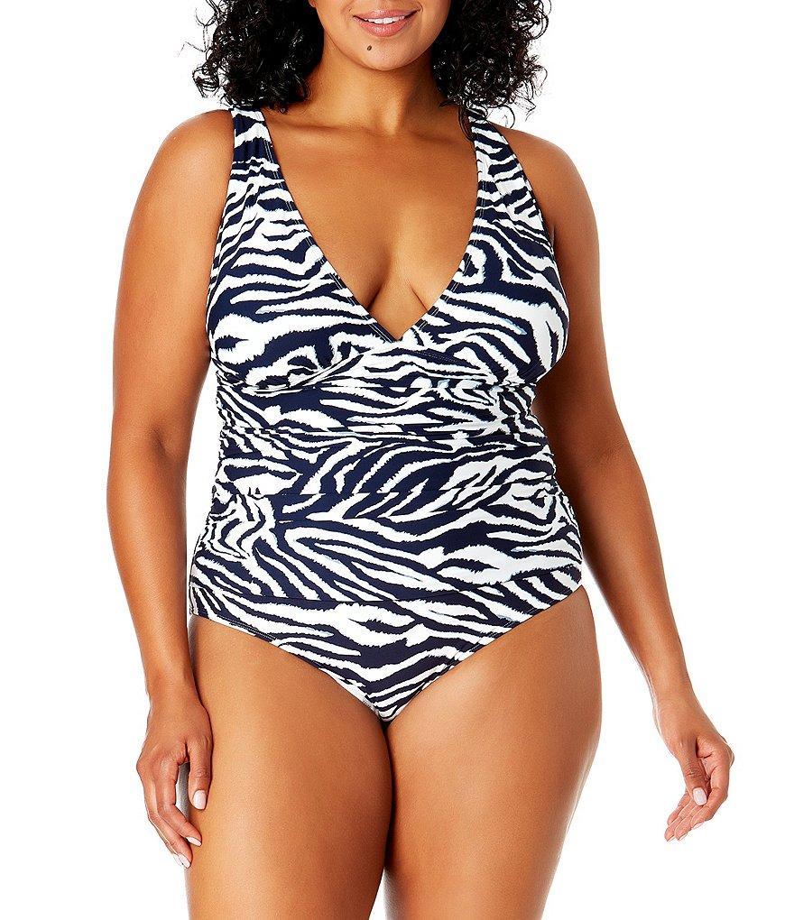 Anne Cole Plus Size Zebra Shadow Plunge V-Neck Shirred Banded One Piece Swimsuit Product Image