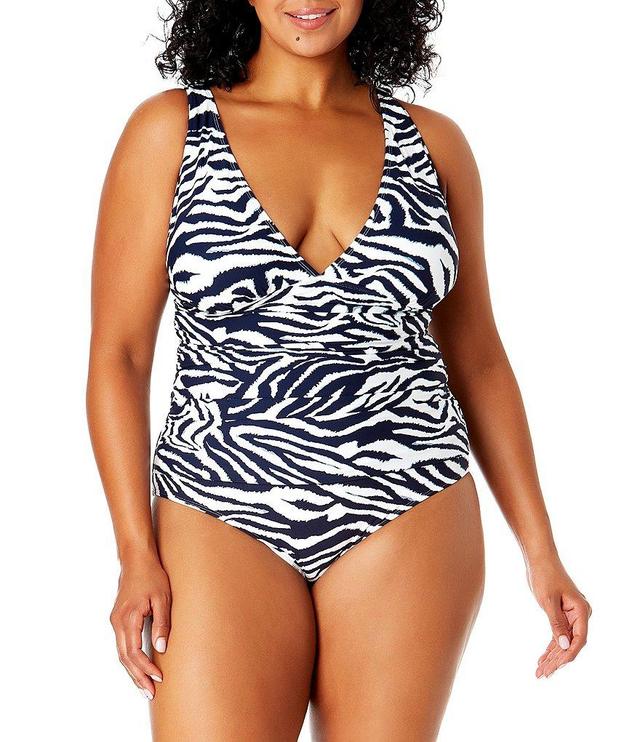 Anne Cole Plus Size Zebra Shadow Plunge V-Neck Shirred Banded One Piece Swimsuit Product Image