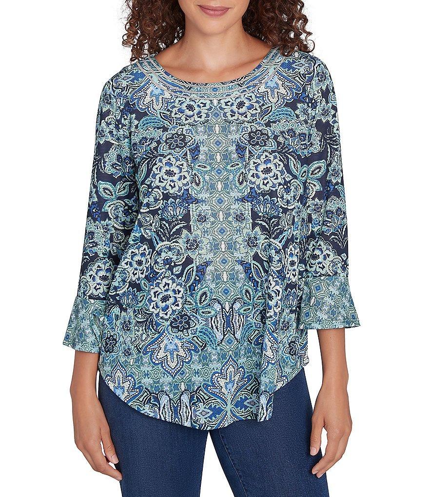 Ruby Rd. Knit Floral Embellished Scoop Neck 3/4 Sleeve Top Product Image