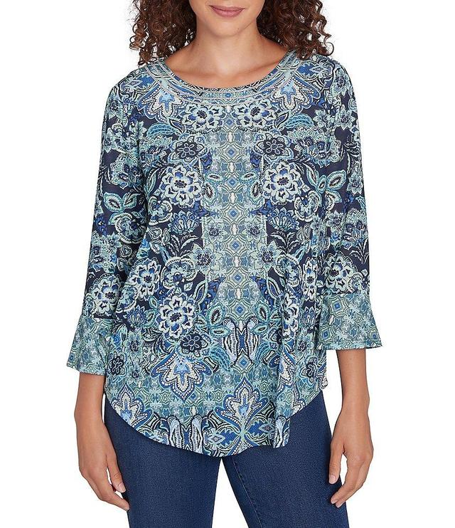 Ruby Rd. Knit Floral Embellished Scoop Neck 3/4 Sleeve Top Product Image