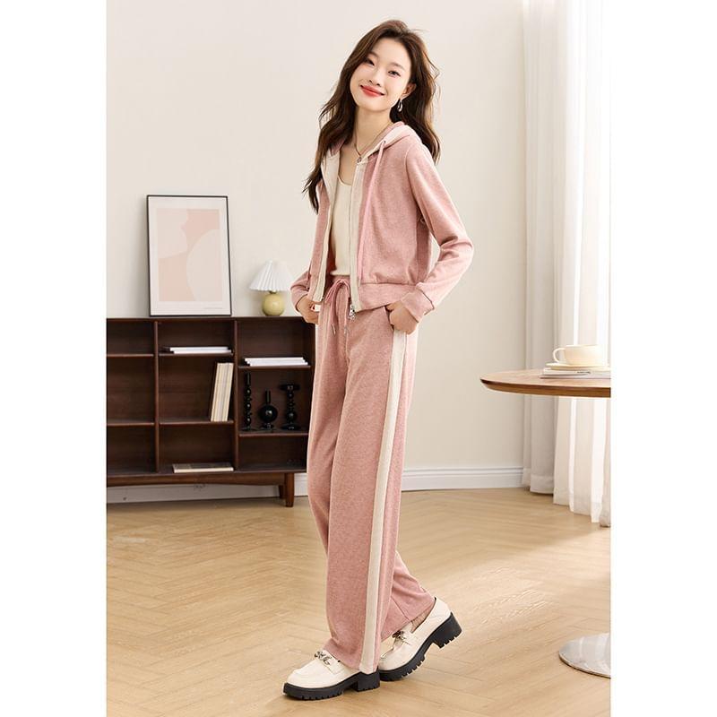 Set: Hooded Two Tone Zip-Up Jacket + High Waist Wide Leg Sweatpants Product Image