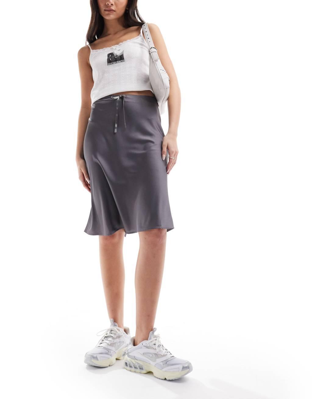 Monki satin a-line midi skirt with front bow detail in gray product image