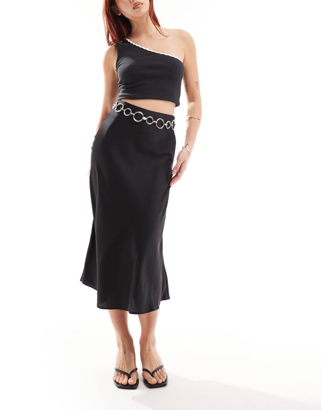 Monki midi satin skirt in black Product Image