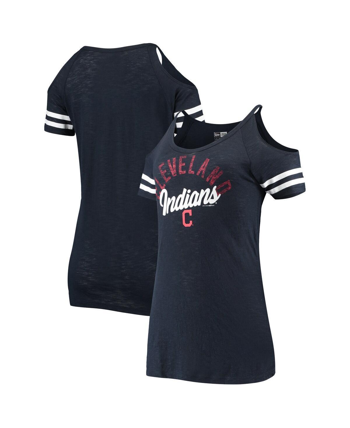 Womens New Era Cleveland Indians Slub Jersey Cold Shoulder T-Shirt Blue product image