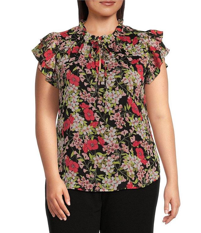 Anne Klein Plus Size Floral Print Ruffle Tie Neckline Short Sleeve Blouse Product Image