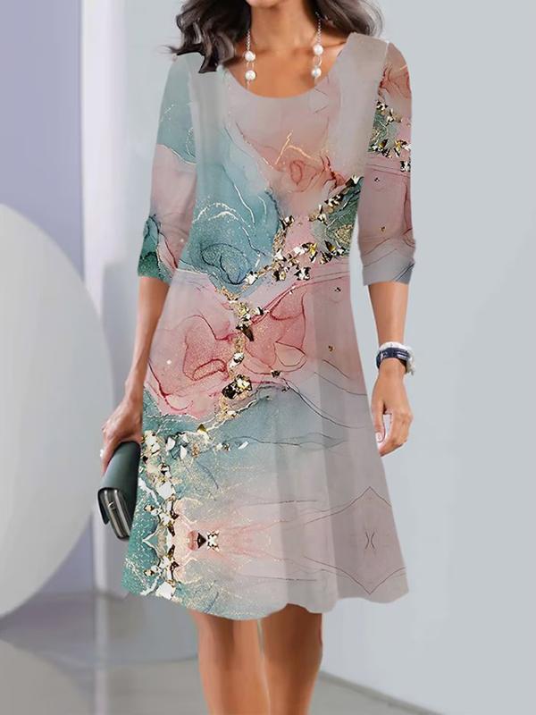 Long Sleeves Flower Print Multi-Colored Printed Round-Neck Midi Dresses Product Image