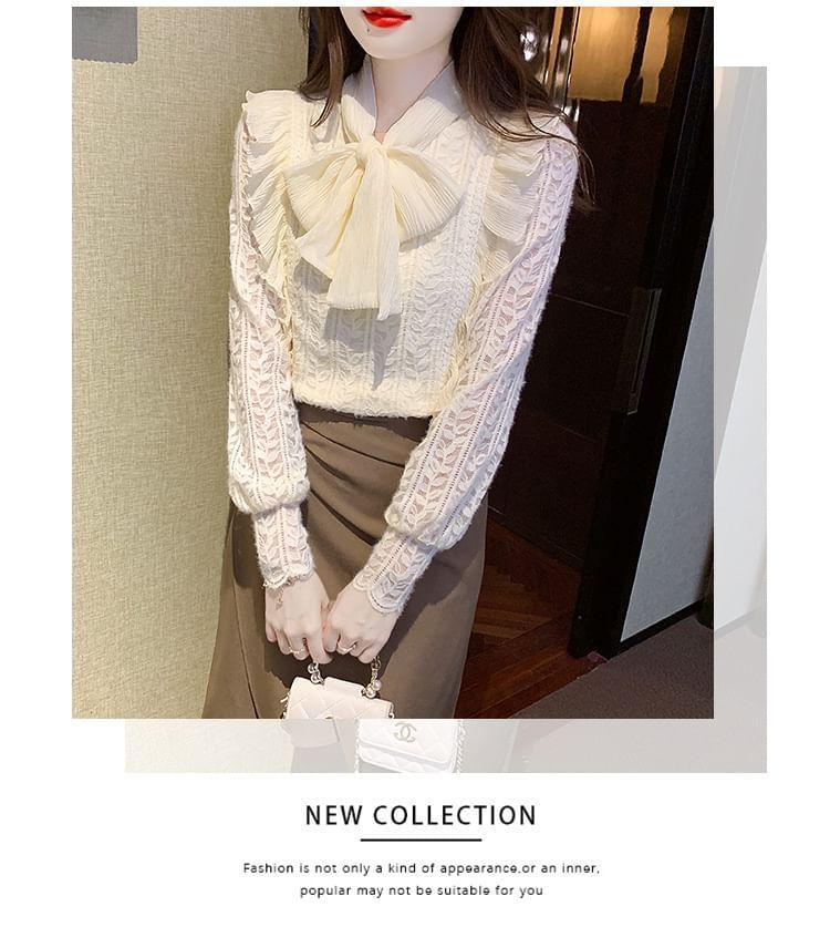 Long-Sleeve Tie-Neck Plain Lace Blouse Product Image