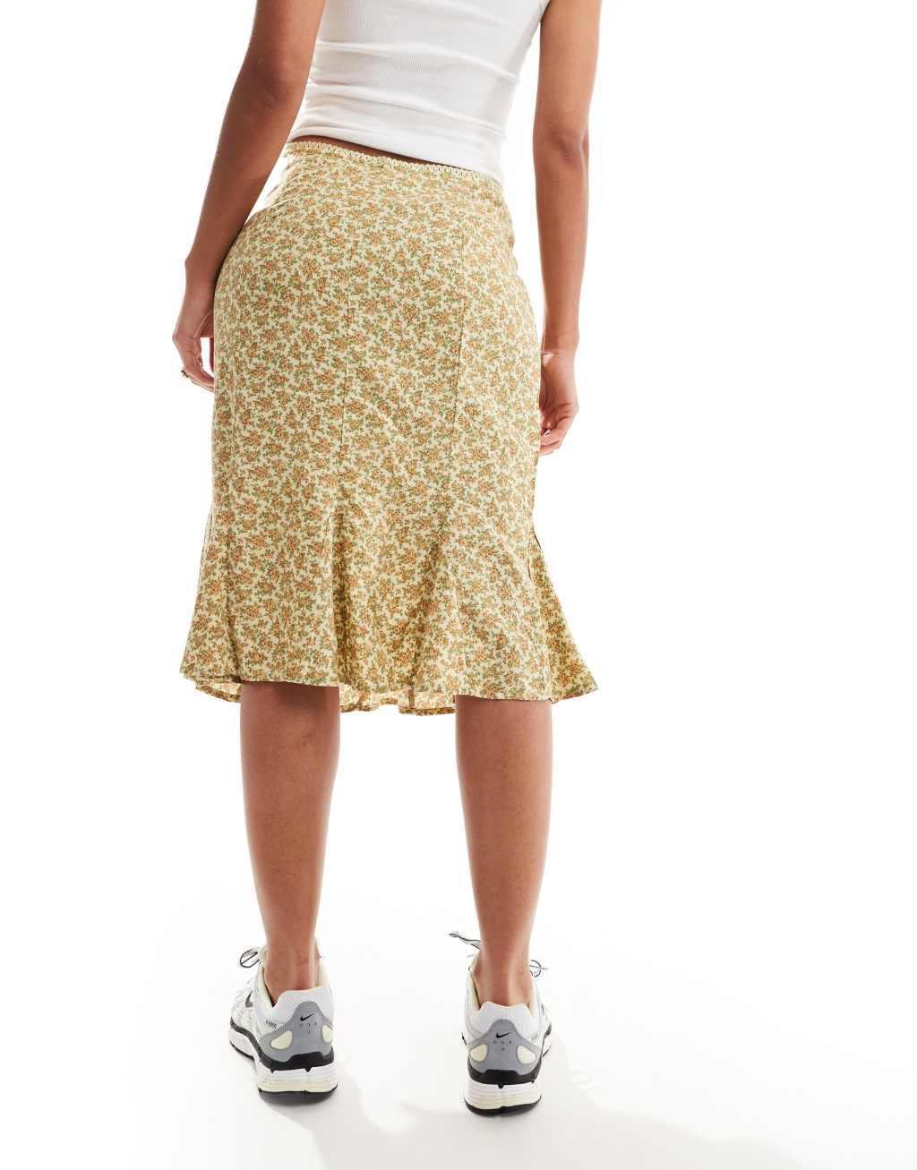 Motel Exclusive sima vintage floral knee length midi skirt in washed yellow Product Image