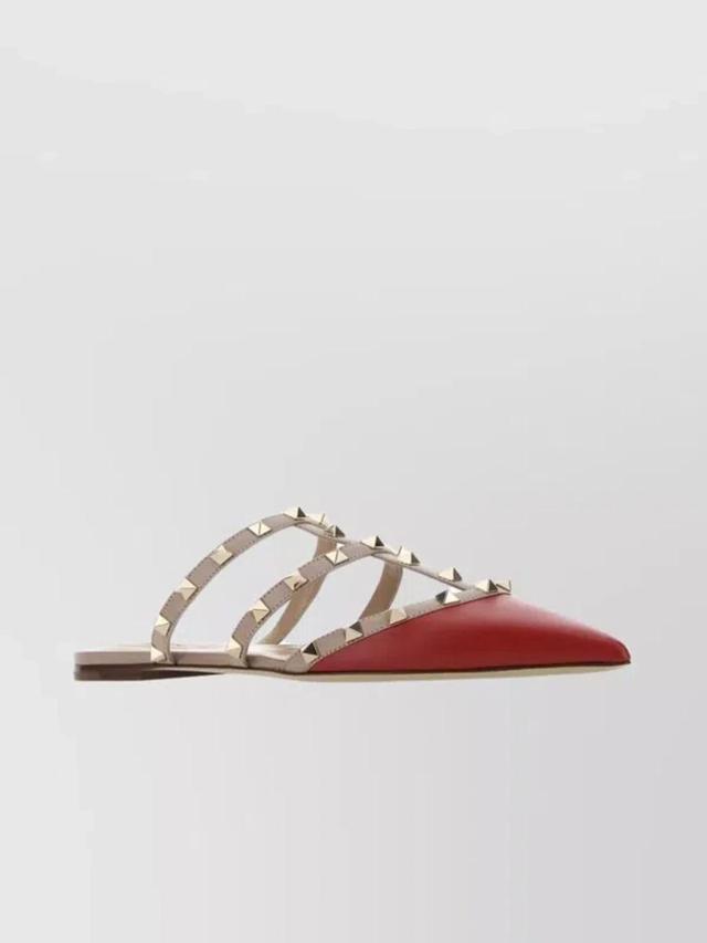 Pointed Toe Studded Leather Slippers In Red Product Image