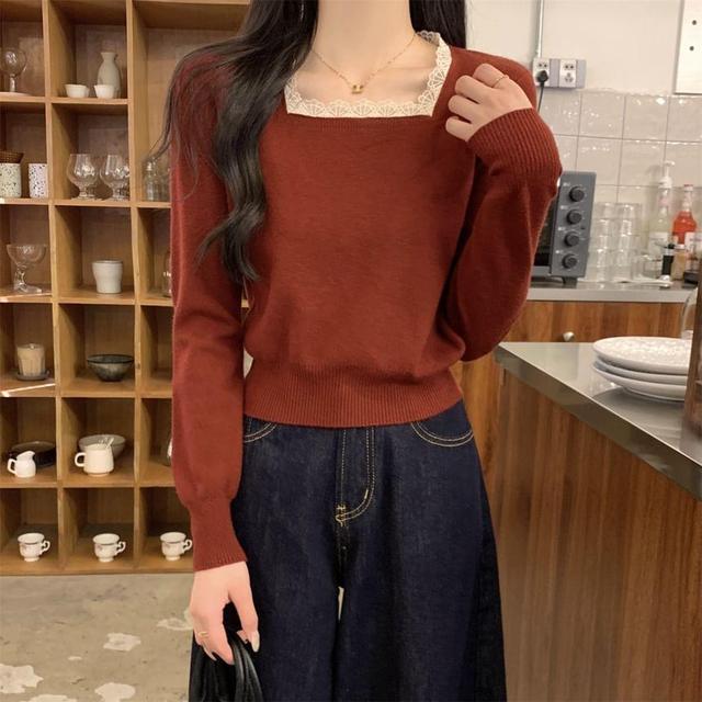 Long-Sleeve Square Neck Plain Knit Top Product Image