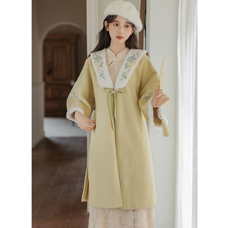 Flared-Sleeve Flower Embroidered Fluffy Trim Midi Coat / Fluffy Scarf / Set Product Image