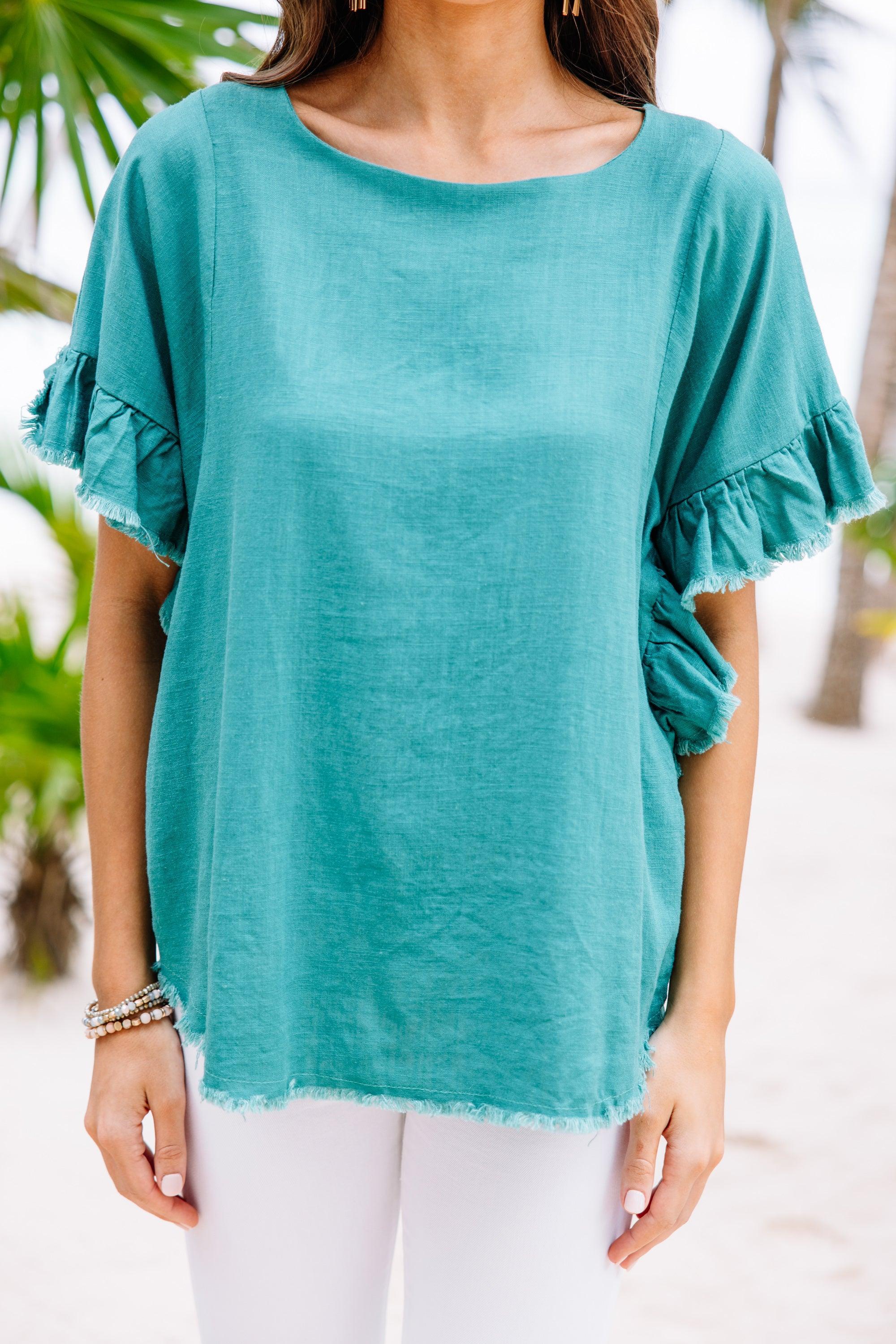 Find You Out Lagoon Green Linen Top Female Product Image