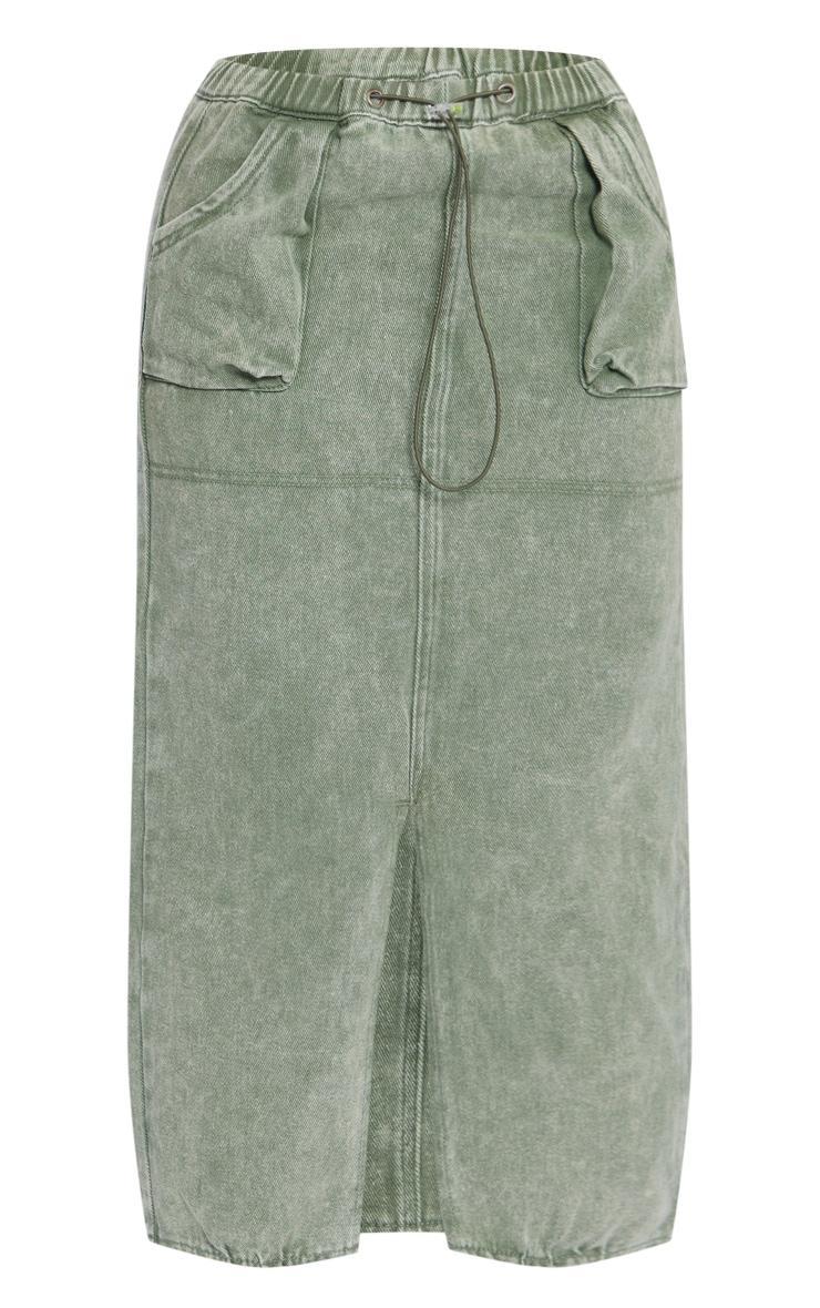 Petite Washed Green Denim Cargo Midi Skirt Product Image