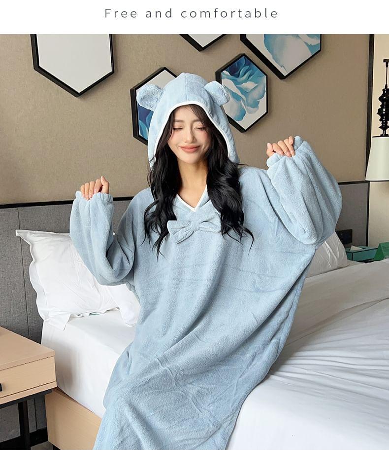 Long-Sleeve Bow Accent Hooded Fleece Midi Pajama Dress Product Image