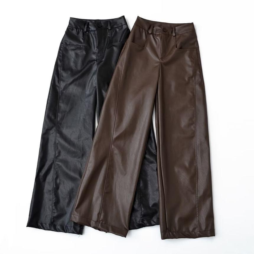 High Rise Faux Leather Plain Flared Pants Product Image