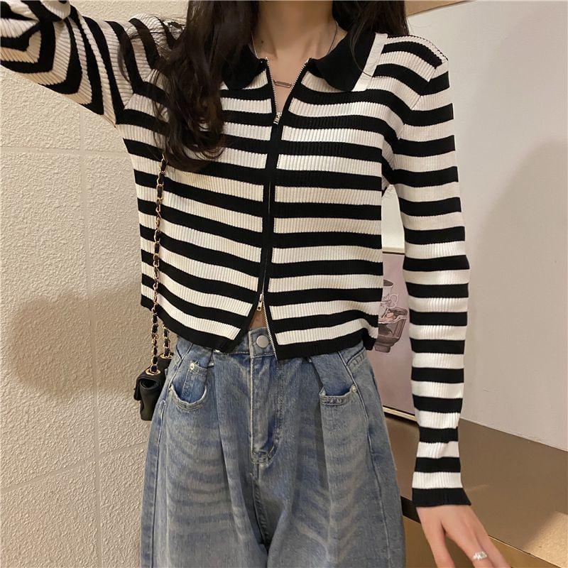 Collared Striped Zip-Up Cardigan Product Image