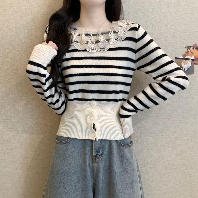 Long-Sleeve Lace Panel Button Hem Knit Top Product Image