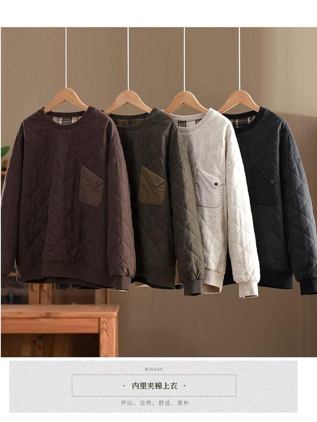 Round Neck Plain Quilted Sweatshirt Product Image