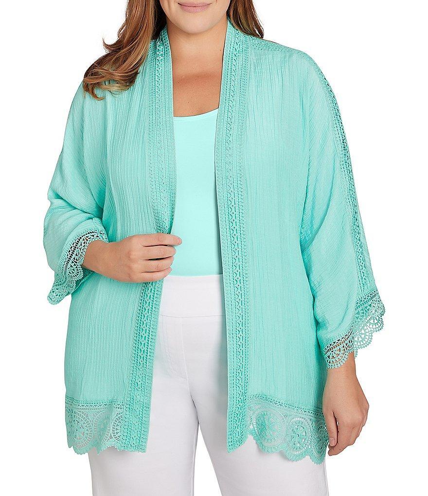 Ruby Rd. Plus Size Crinkle Gauze Lace Trim Bracelet Length Sleeve Open-Front Jacket Product Image