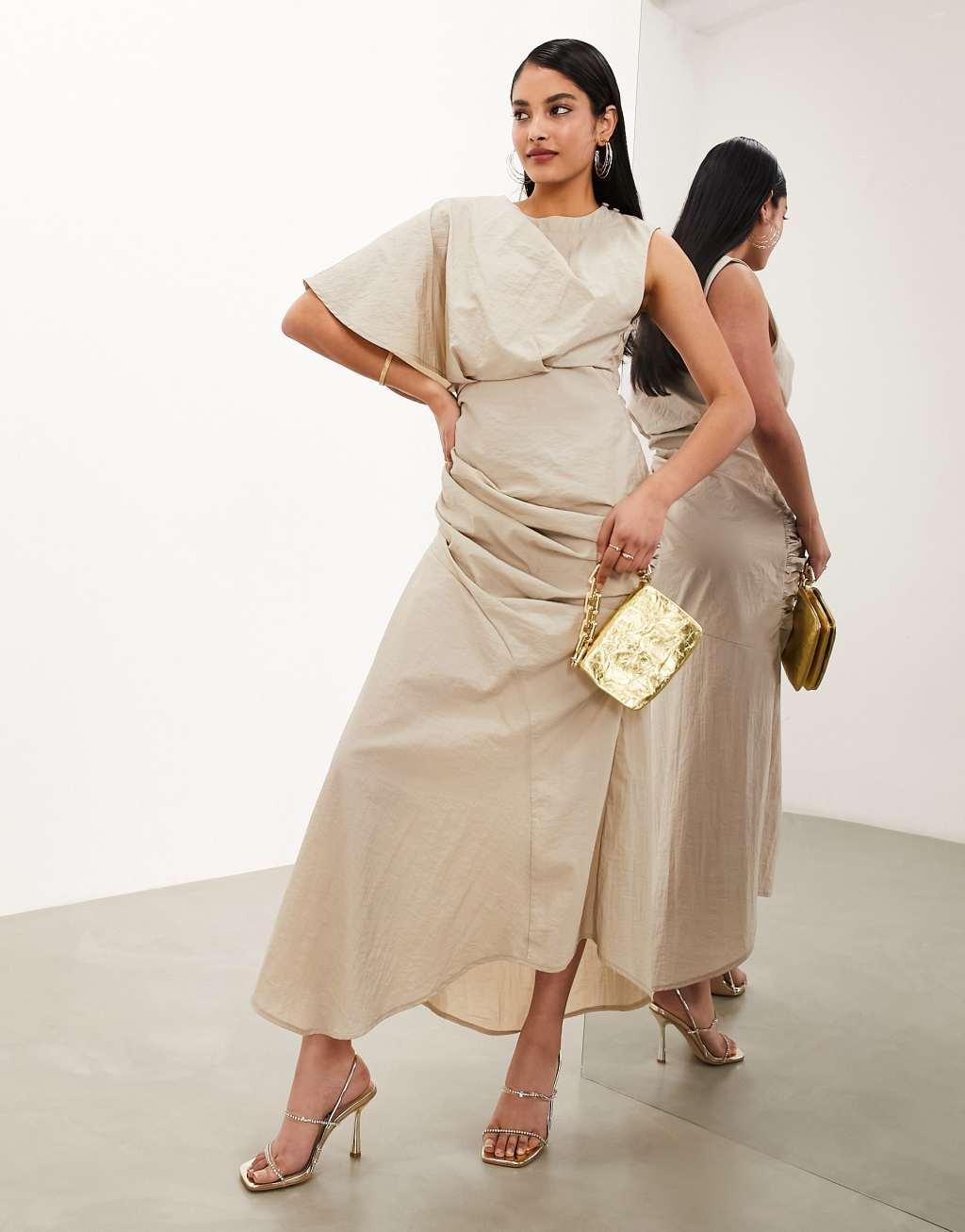 ASOS EDITION washed one shoulder midaxi dress with ruched detail in beige Product Image