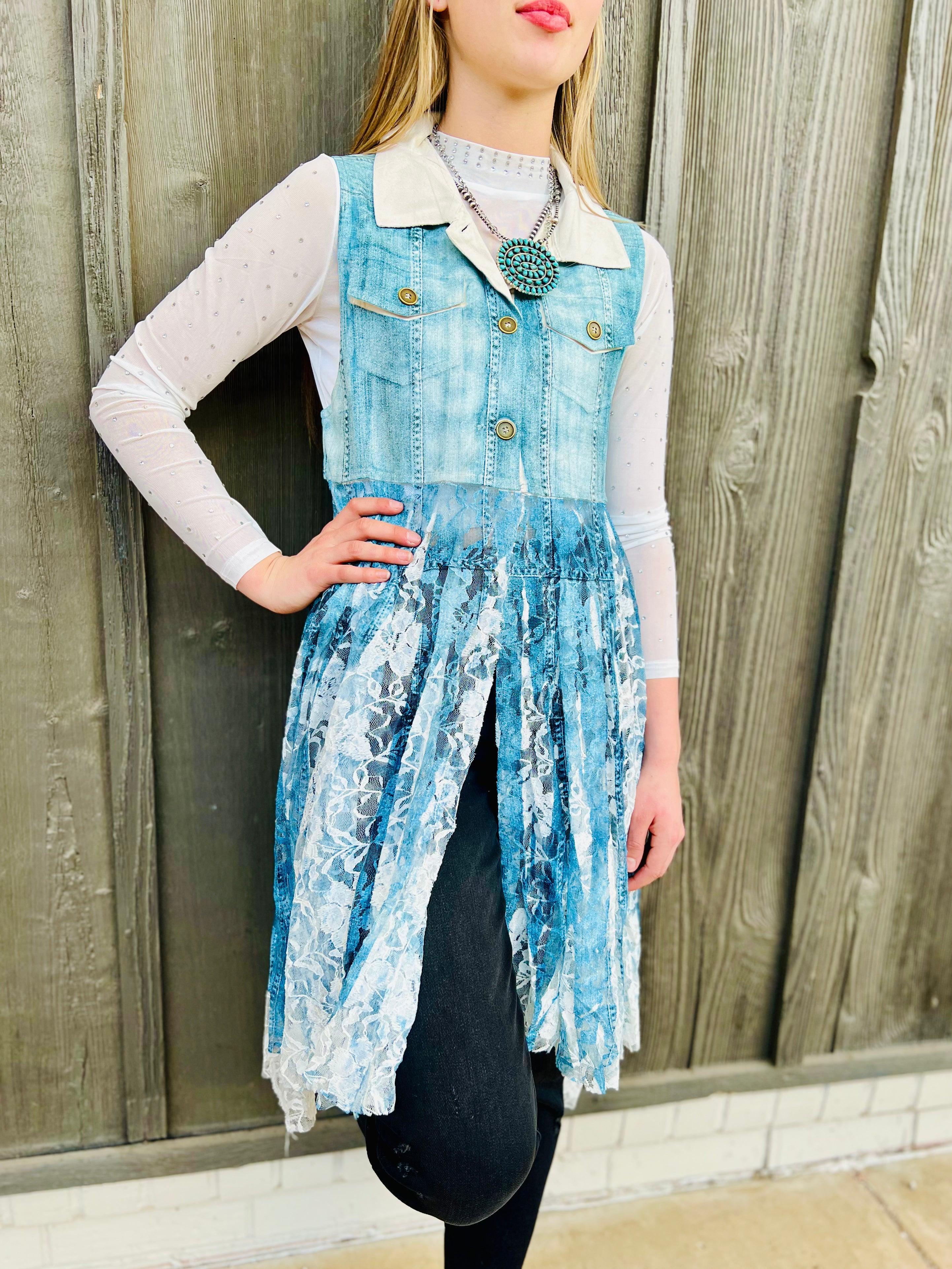 Denim Lace Layered Vest Cardigan Product Image