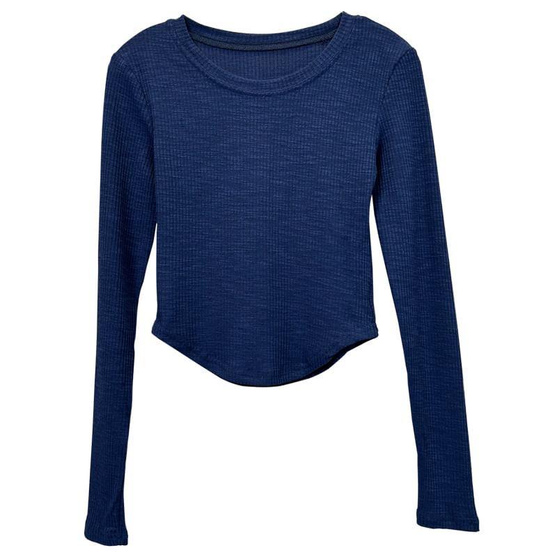 Long-Sleeve Round Neck Plain Slim Fit Crop T-Shirt Product Image