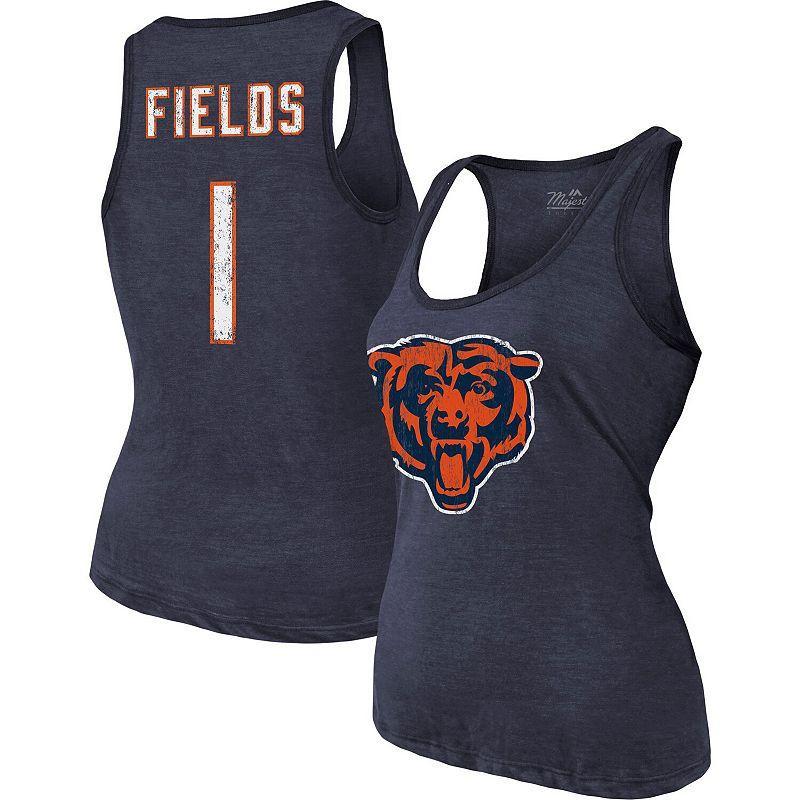 Womens Majestic Threads Justin Fields Chicago Bears Player Name & Number Tri-Blend Tank Top Blue Product Image