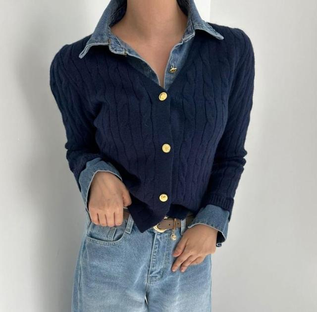 Mock Two-Piece Long-Sleeve Denim Collar Knit Shirt Product Image