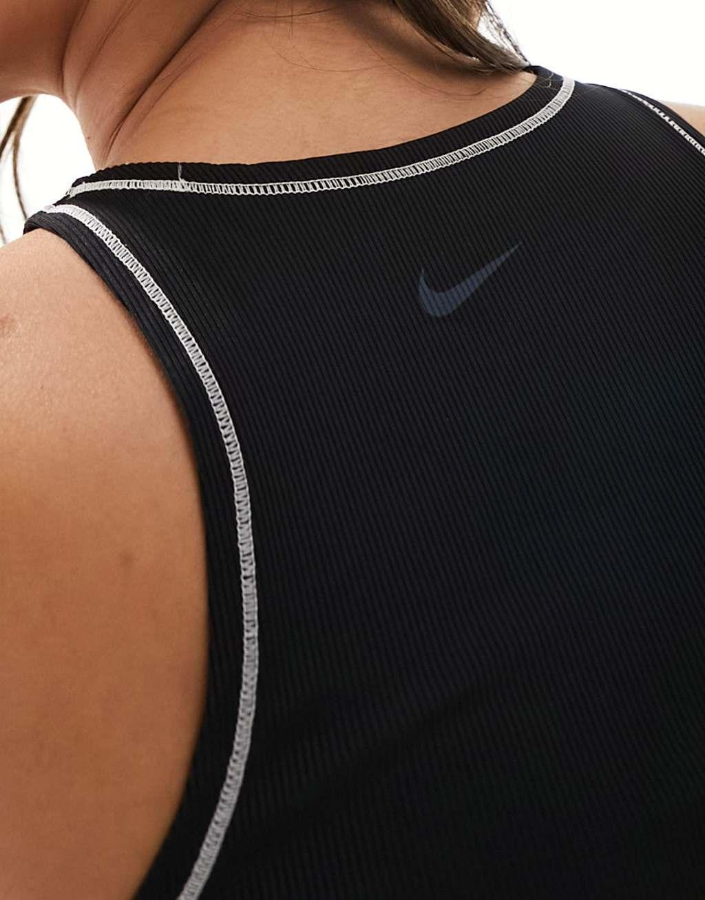 Nike One Training Dri-Fit stitch detail ribbed tank top in black Product Image