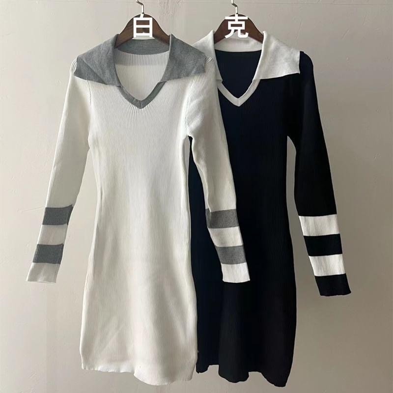 Long-Sleeve Collar Striped Knit Mini Sheath Dress Product Image