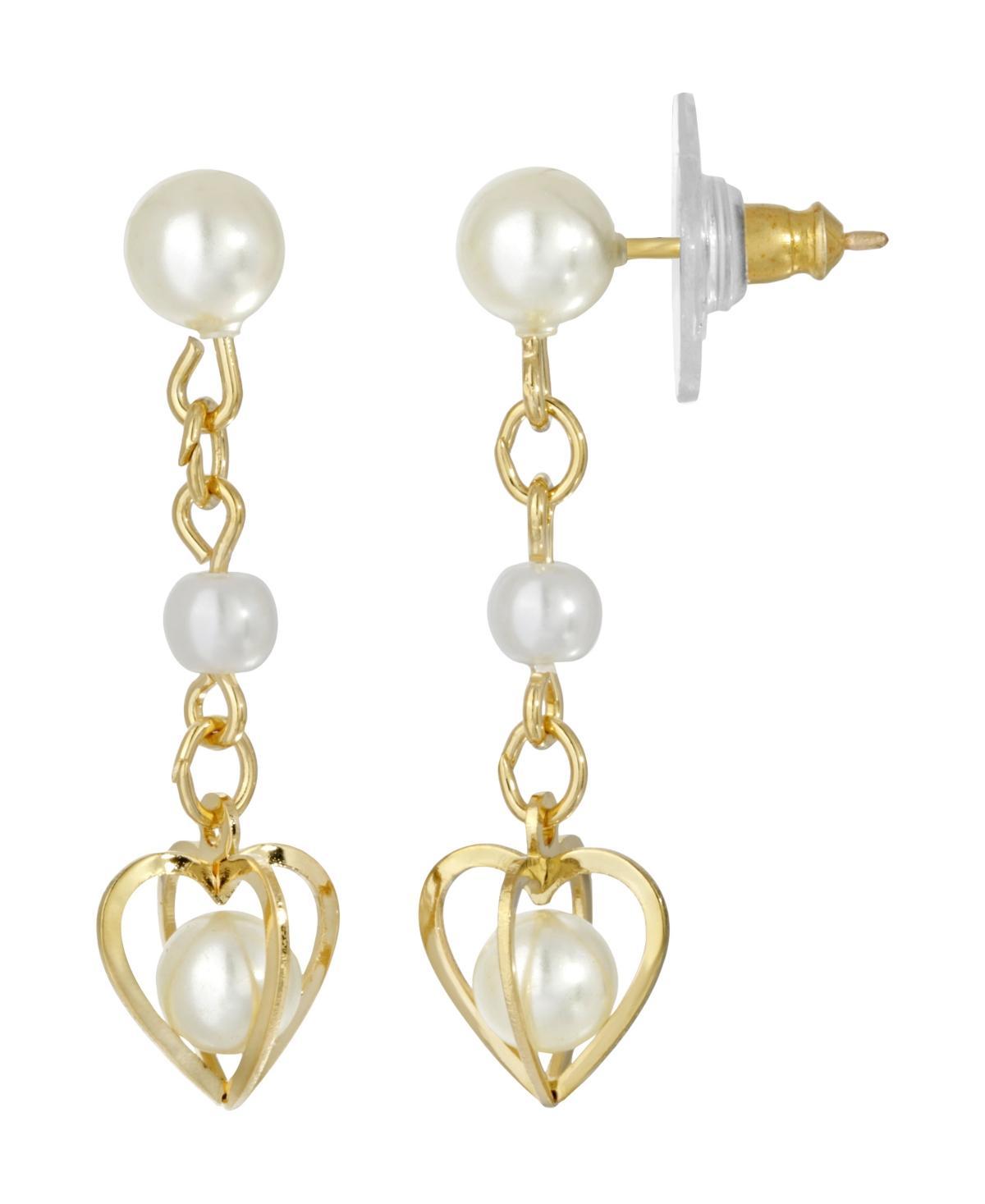 1928 Gold Tone Heart & Double Pearl Chain Drop Earrings, Womens, Yellow Product Image