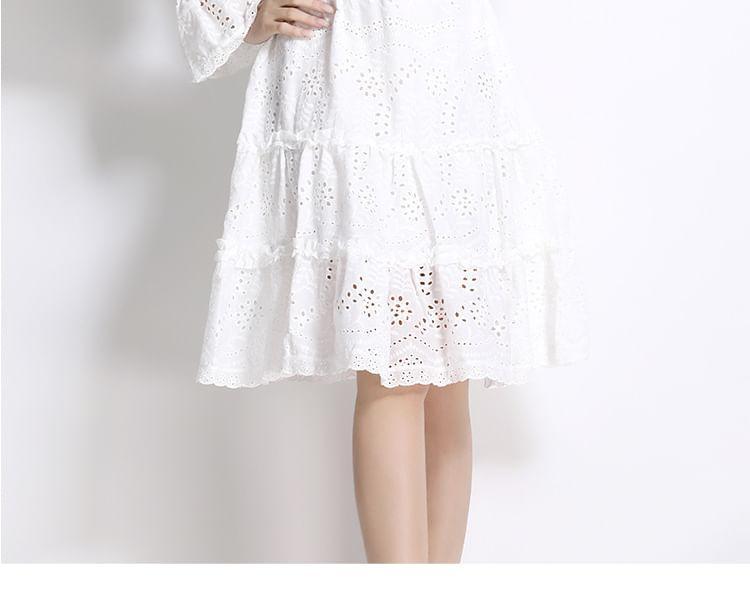 Long Sleeve Stand Collar Plain Embroidered Eyelet Ruffle Button Midi A-Line Dress Product Image