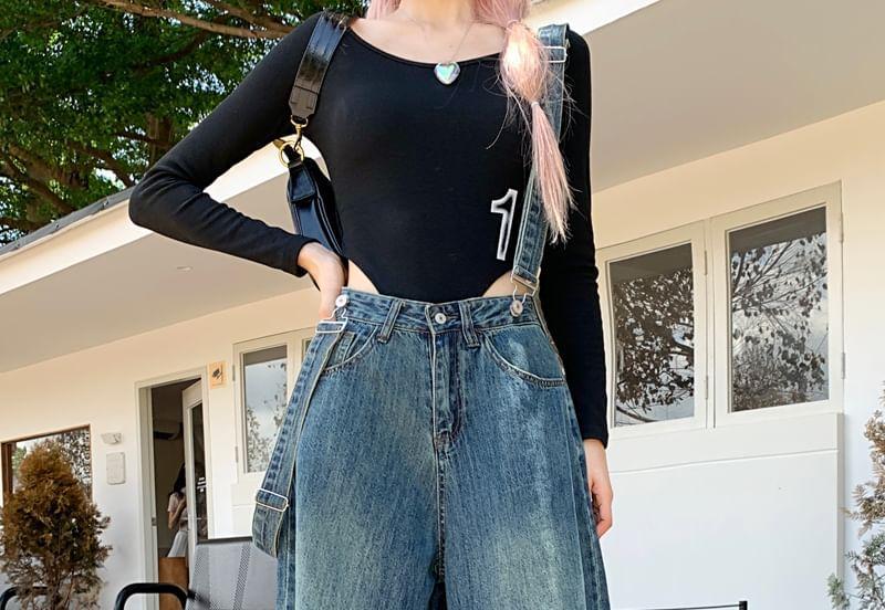 High Waist Cutout Washed Wide Leg Suspender Jeans Product Image