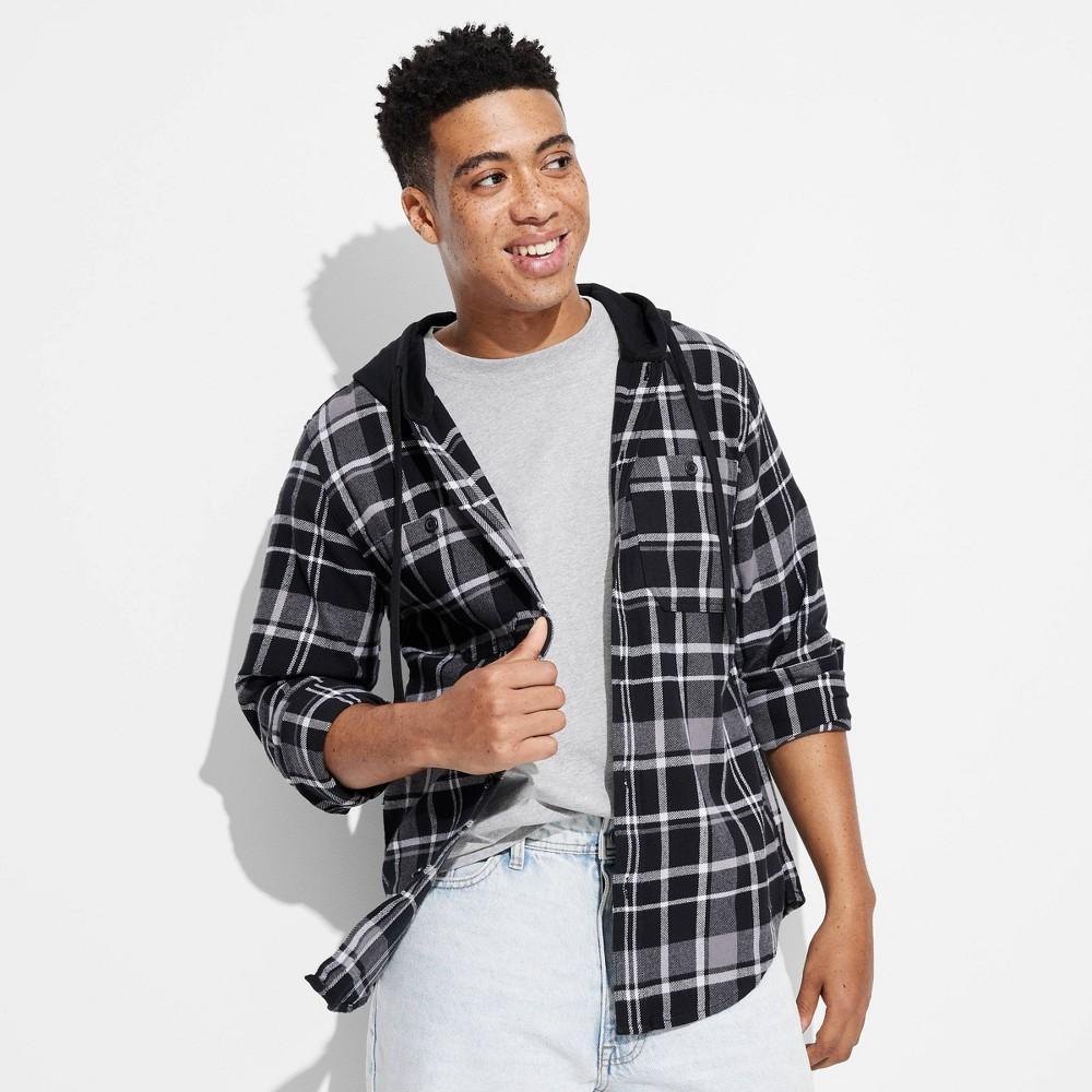 Mens Checked Hooded Long Sleeve Button-Down Shirt - Original Use Black XL Product Image