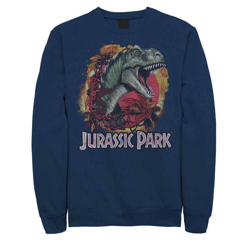 Mens Jurassic Park T-Rex Explosion Tropical Logo Graphic Fleece Pullover Blue Product Image