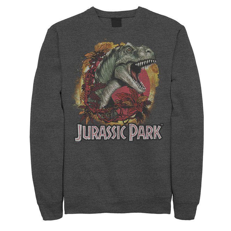 Mens Jurassic Park T-Rex Explosion Tropical Logo Graphic Fleece Pullover Grey Heather Product Image