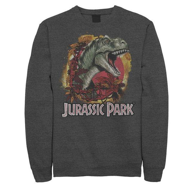 Mens Jurassic Park T-Rex Explosion Tropical Logo Graphic Fleece Pullover Grey Heather Product Image