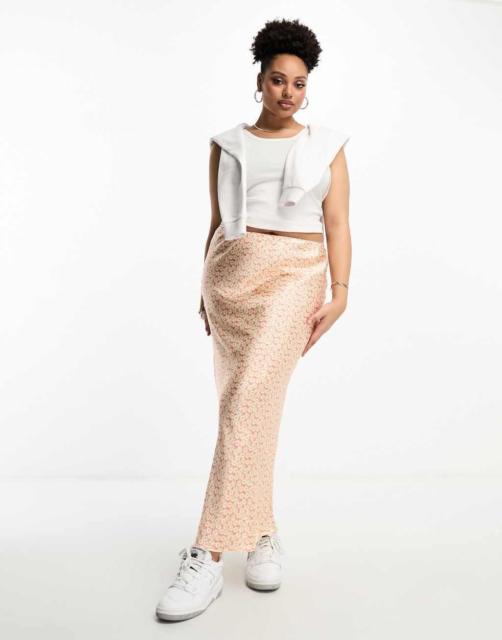 River Island Plus satin maxi skirt in light pink Product Image