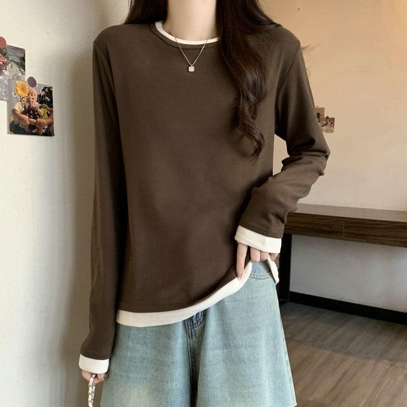 Long Sleeve Round Neck Mock Two Piece Tee Product Image