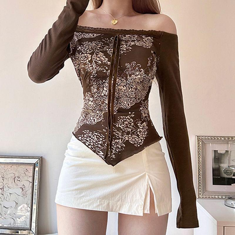 Long-Sleeve Off-Shoulder Floral Print Lace Panel Tie Front Slim Fit Crop Top Product Image