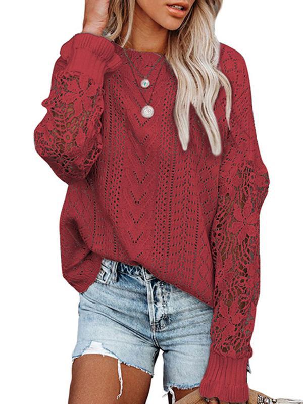 Flared Sleeves Long Sleeves Hollow Solid Color Split-Joint Round-Neck Pullovers Sweater Tops Product Image