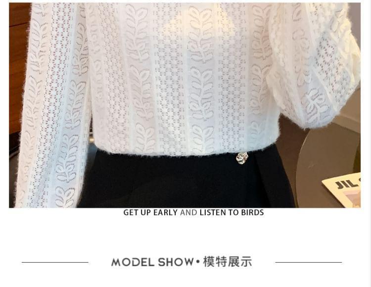 Puff-Sleeve Mock Neck Patterned Bow Blouse Product Image