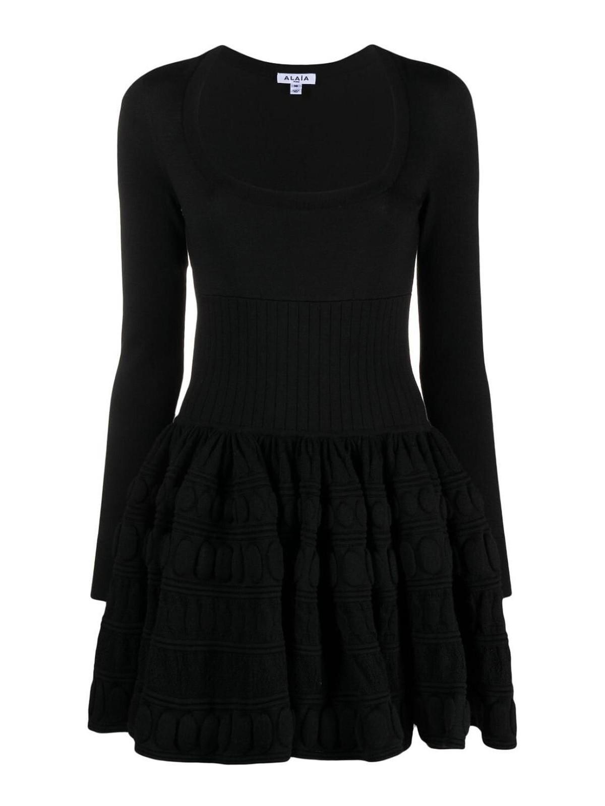 ALAÏA Scoop-neck Wool Skater Mini Dress With 3-d Detail In Black product image