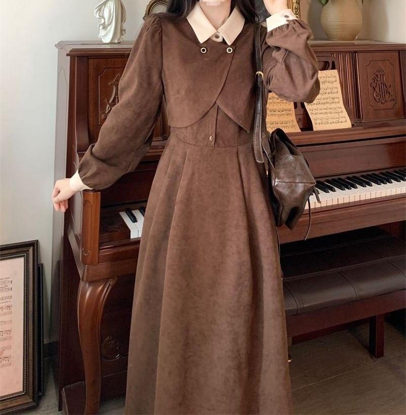 Long-Sleeve Collar Plain Mock Two-Piece Midi A-Line Dress Product Image