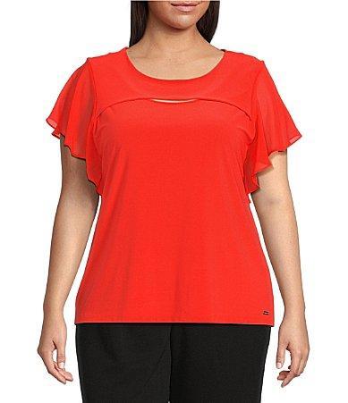 Calvin Klein Plus Size Matte Jersey Chiffon Short Flutter Sleeve Cut product image