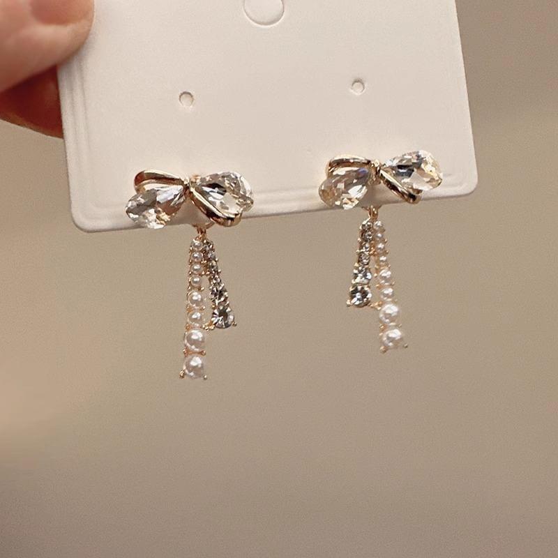 Bow Rhinestone Dangle Earrings Product Image