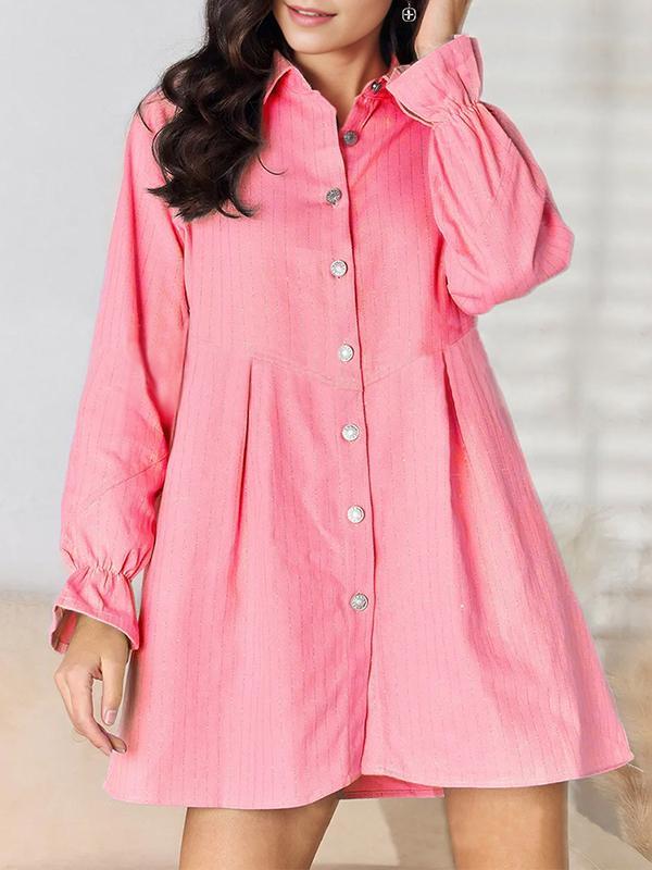 A-Line Loose Pleated Split-Joint Striped Lapel Mini Dresses Shirt Dress Product Image